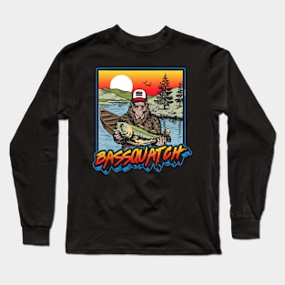 Bassquatch! Bass Fishing Sasquatch Retro 80S Fisherman Long Sleeve T-Shirt